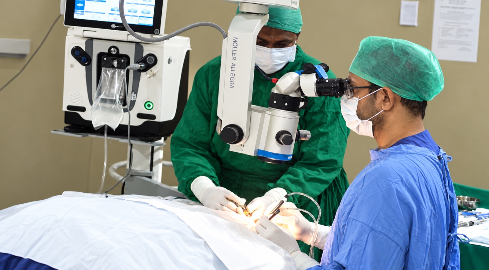 Surgical team during eye procedure at Mookambika Modi Eye Hospital